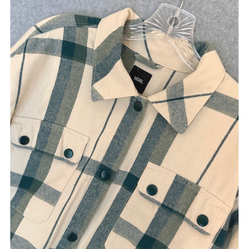 Vans Plaid Flannel Shacket Womens Small Cream Green Snap Front Longline Jacket